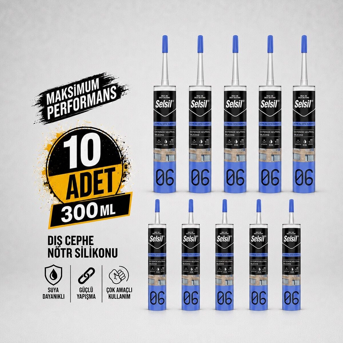 Selsil Şeffaf Nötr Dış Cephe Silikonu 300 ml UV Dayanımlı Cam Pvc Beton Derz Dolgu Mastiği 10 Adet