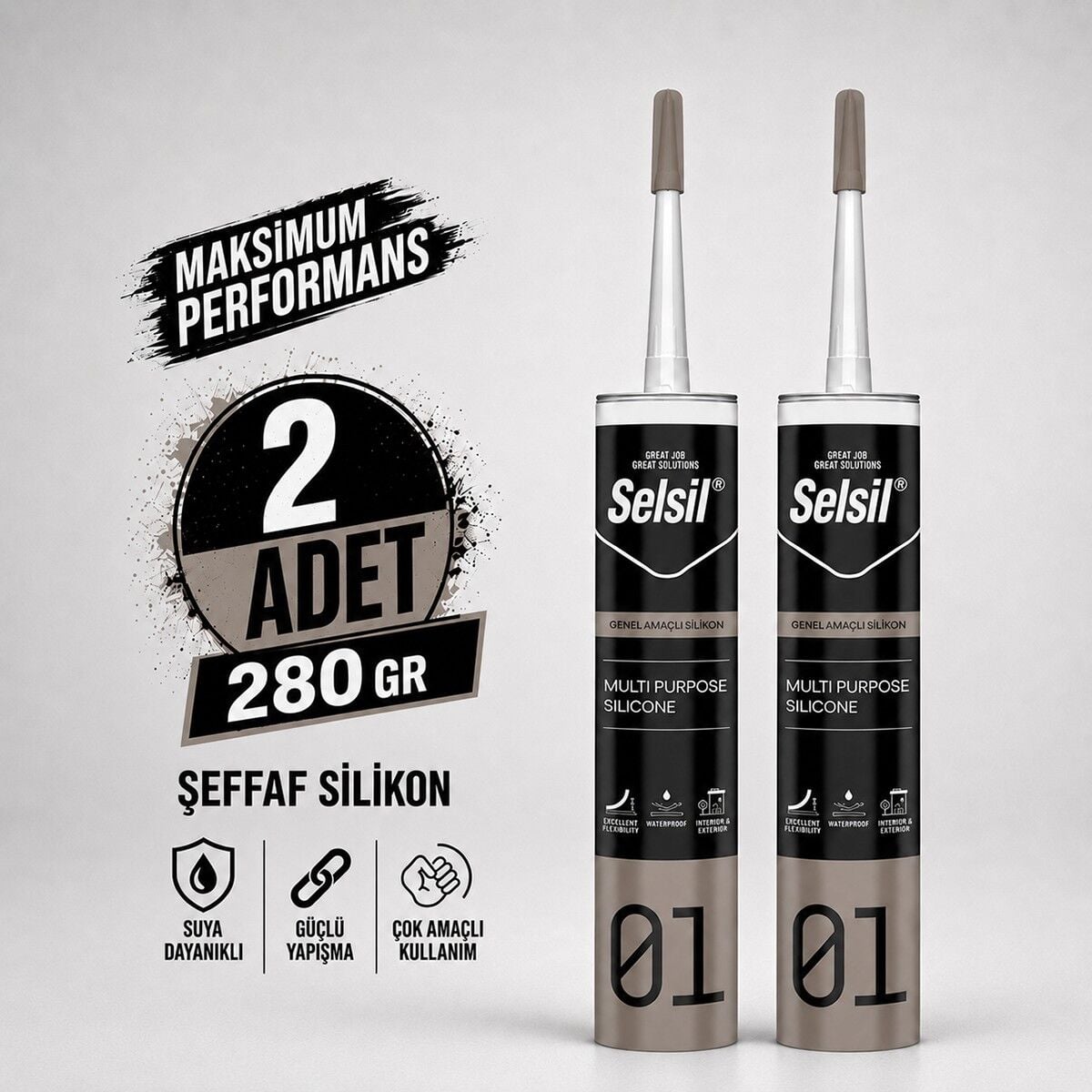Selsil Şeffaf Genel Amaçlı Silikon 280 gr Cam PVC Seramik Banyo Mutfak Sızdırmazlık 2 Adet
