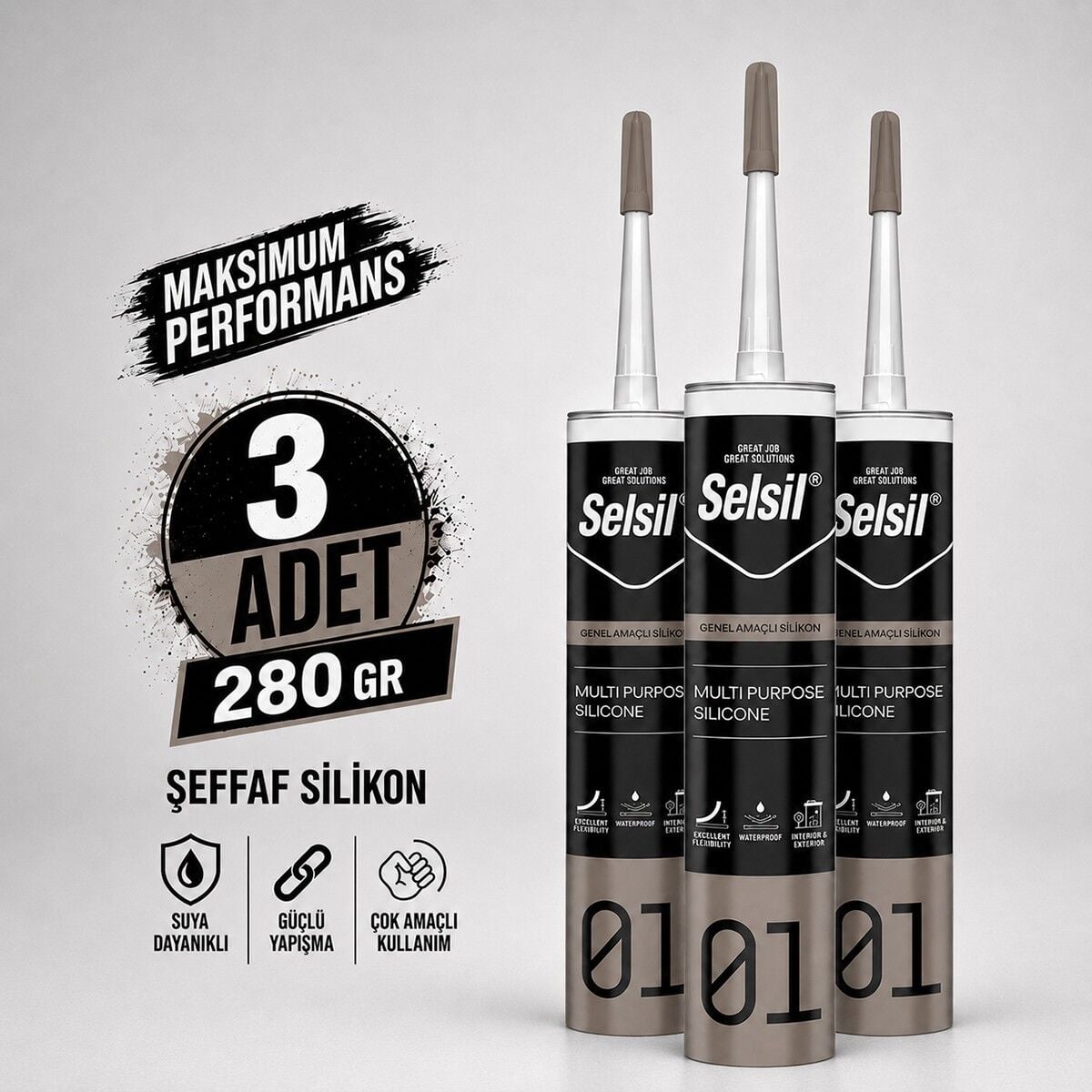 Selsil Şeffaf Genel Amaçlı Silikon 280 gr Cam PVC Seramik Banyo Mutfak Sızdırmazlık 3 Adet