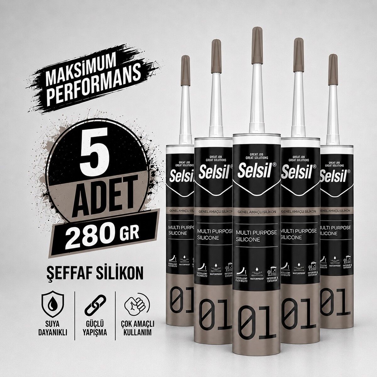 Selsil Şeffaf Genel Amaçlı Silikon 280 gr Cam PVC Seramik Banyo Mutfak Sızdırmazlık 5 Adet