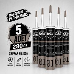 Selsil Şeffaf Genel Amaçlı Silikon 280 gr Cam PVC Seramik Banyo Mutfak Sızdırmazlık 5 Adet
