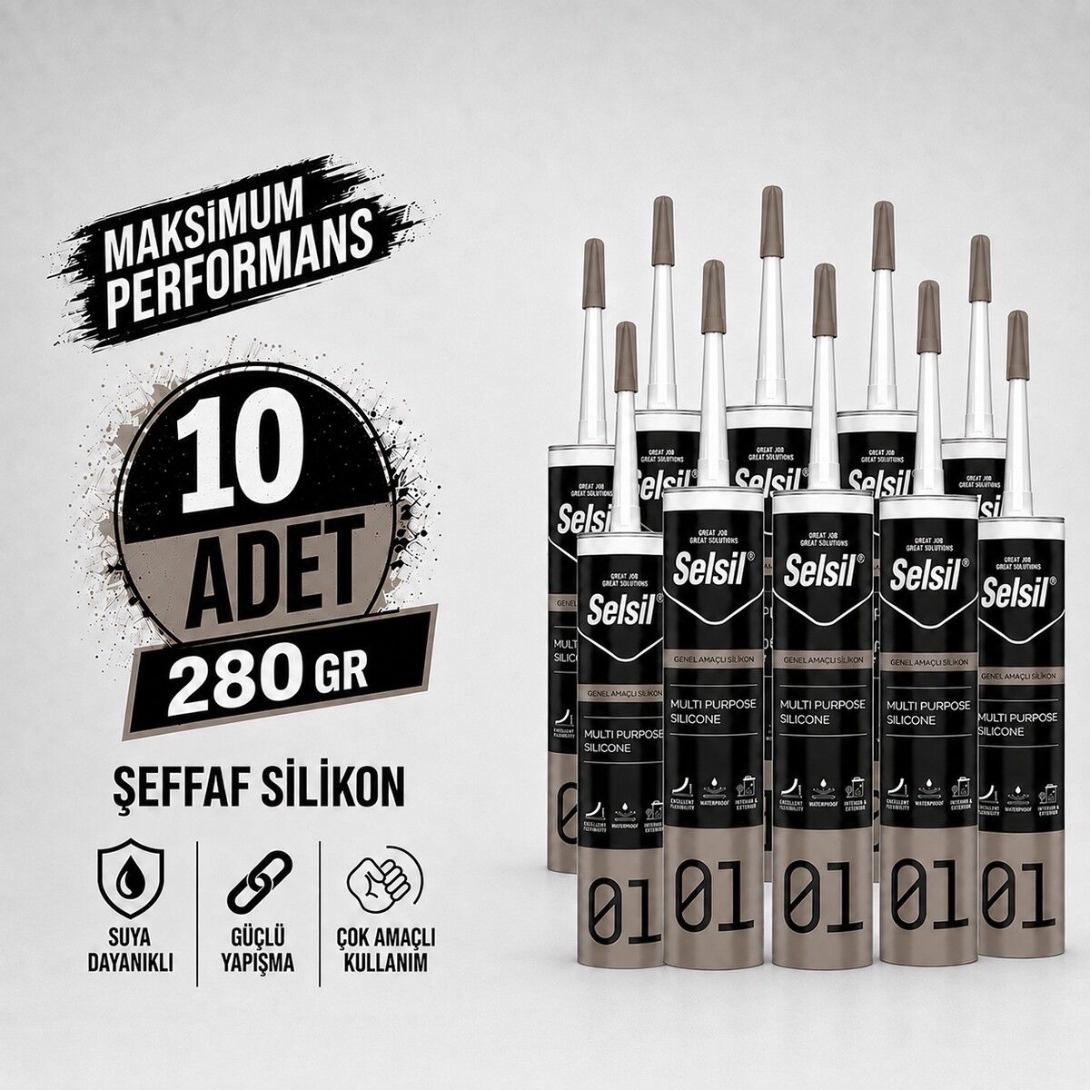 Selsil Şeffaf Genel Amaçlı Silikon 280 gr Cam PVC Seramik Banyo Mutfak Sızdırmazlık 10 Adet