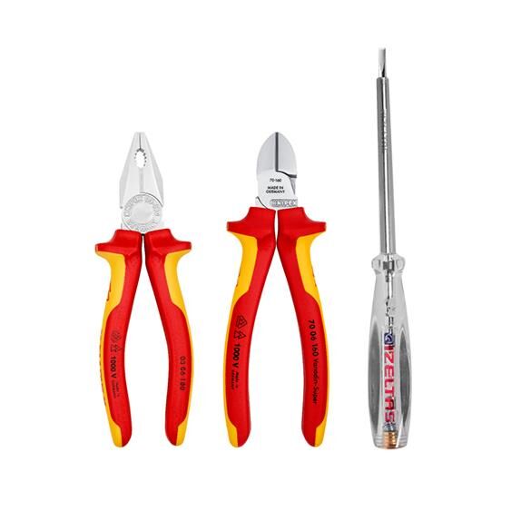 Knipex 3'lü Set 1000V Kombine Pense 180 mm 1000V Yan Keski 160 mm Kontrol Kalemi 190 mm