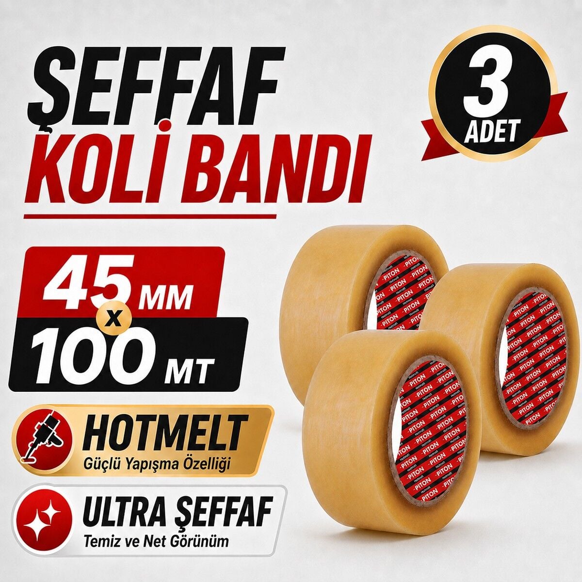 Sanplaza Şeffaf Hotmelt 3 Adet Koli Bandı 45 mm x 100 mt Güçlü Yapışkanlı Paketleme Ambalaj Bandı