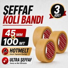 Sanplaza Şeffaf Hotmelt 3 Adet Koli Bandı 45 mm x 100 mt Güçlü Yapışkanlı Paketleme Ambalaj Bandı