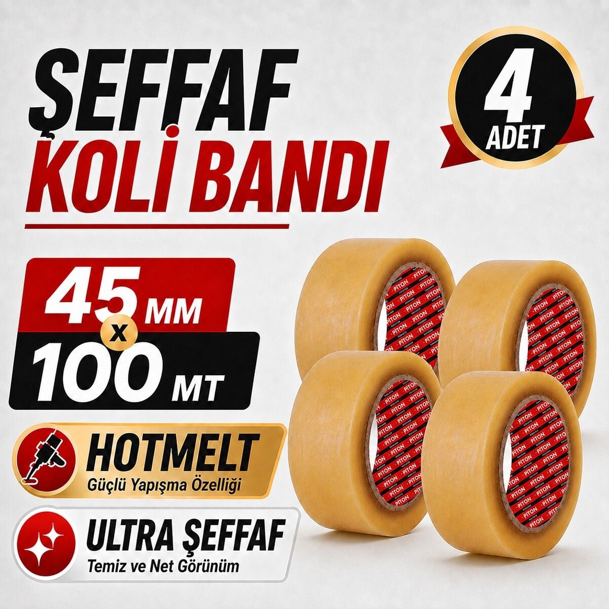 Sanplaza Şeffaf Hotmelt 4 Adet Koli Bandı 45 mm x 100 mt Güçlü Yapışkanlı Paketleme Ambalaj Bandı