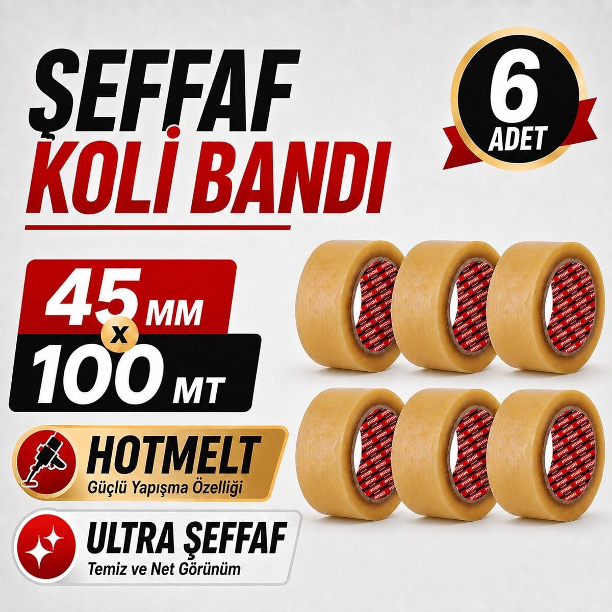 Sanplaza Şeffaf Hotmelt 6 Adet Koli Bandı 45 mm x 100 mt Güçlü Yapışkanlı Paketleme Ambalaj Bandı