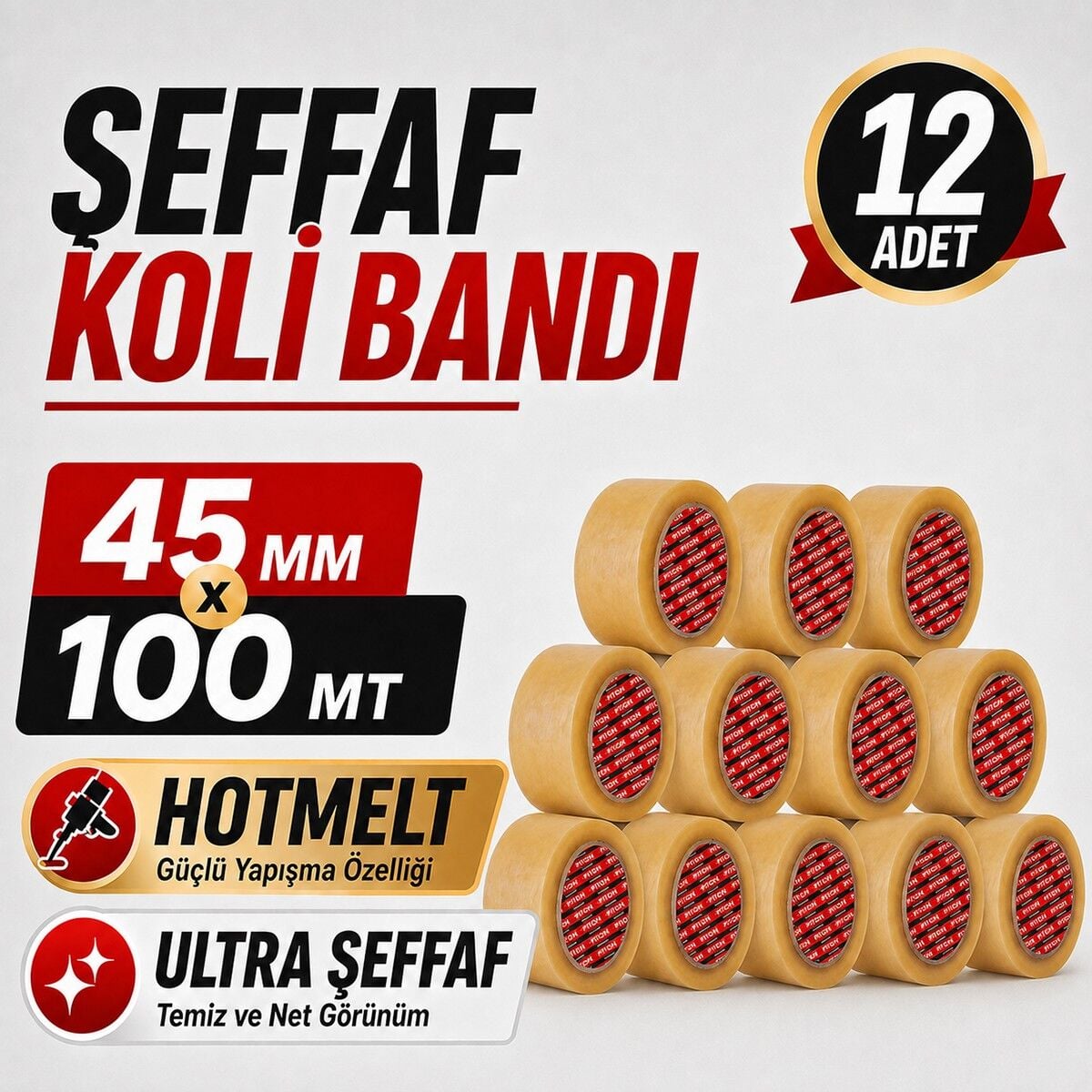 Sanplaza Şeffaf Hotmelt 12 Adet Koli Bandı 45 mm x 100 mt Güçlü Yapışkanlı Paketleme Ambalaj Bandı