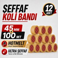 Sanplaza Şeffaf Hotmelt 12 Adet Koli Bandı 45 mm x 100 mt Güçlü Yapışkanlı Paketleme Ambalaj Bandı