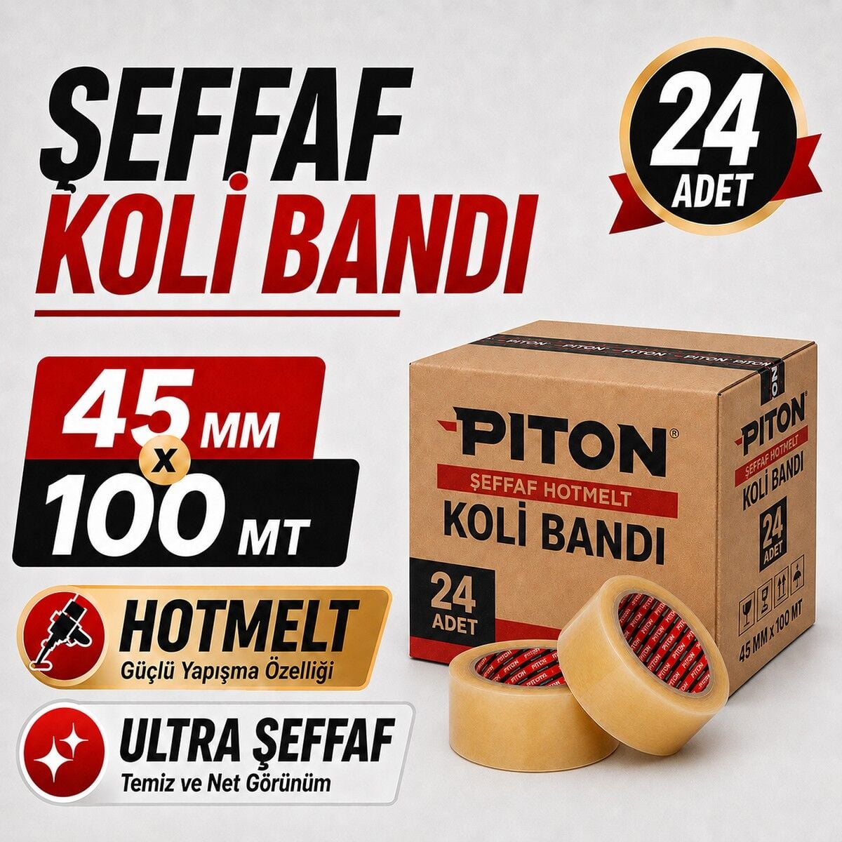 Sanplaza Şeffaf Hotmelt 24 Adet Koli Bandı 45 mm x 100 mt Güçlü Yapışkanlı Paketleme Ambalaj Bandı