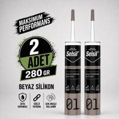 Selsil Genel Amaçlı Beyaz Silikon 280 gr Cam PVC Seramik Metal Banyo Mutfak Sızdırmazlık Dolgu Malzemesi 2 Adet