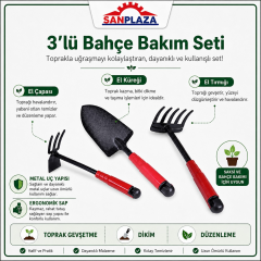Sanplaza 3'lü Bahçe El Aletleri Seti Kazma Çapa Tırmık Kürek Saksı Dikim Toprak Bakım Seti