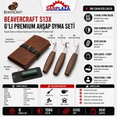 BeaverCraft S13X 6'lı Premium Ahşap Oyma Seti Kaşık Oyma Bıçakları Ceviz Saplı Deri Çantalı