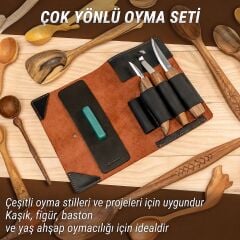 BeaverCraft S13X 6'lı Premium Ahşap Oyma Seti Kaşık Oyma Bıçakları Ceviz Saplı Deri Çantalı