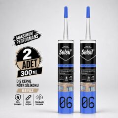 Selsil Beyaz Nötr Dış Cephe Silikonu 300 ml UV Dayanımlı Cam PVC Beton Derz Dolgu Mastiği 2 Adet