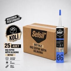 Selsil Beyaz Nötr Dış Cephe Silikonu 300 ml UV Dayanımlı Cam PVC Beton Derz Dolgu Mastiği 25 Adet (1 Koli)