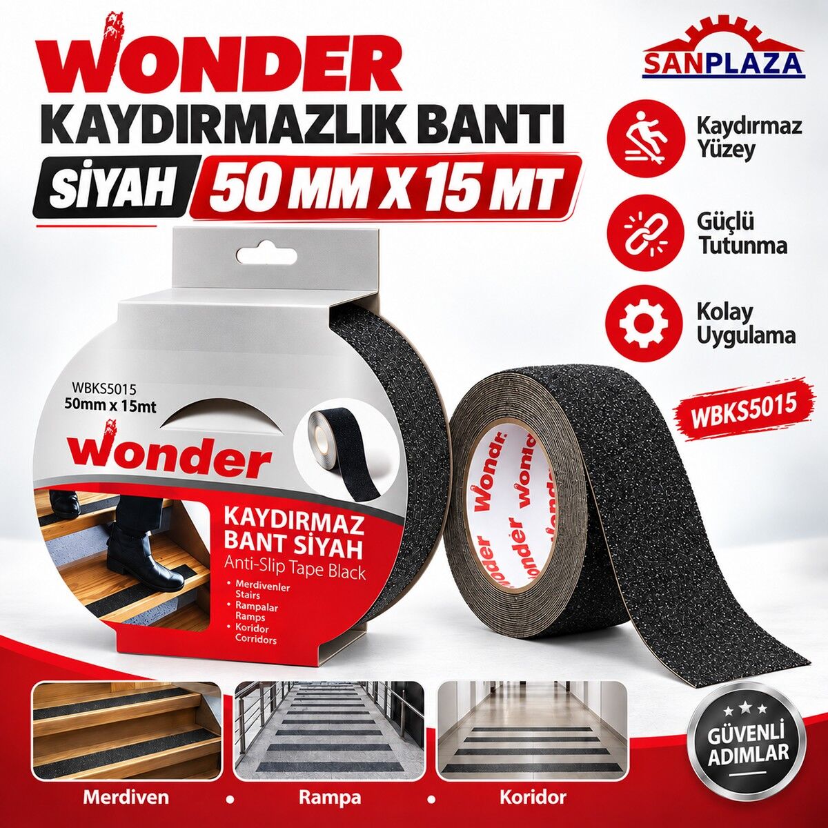Sanplaza Wonder WBKS5015 Siyah Kaydırmazlık Bandı 50 mm x 15 mt Merdiven Zemin Güvenlik Bandı