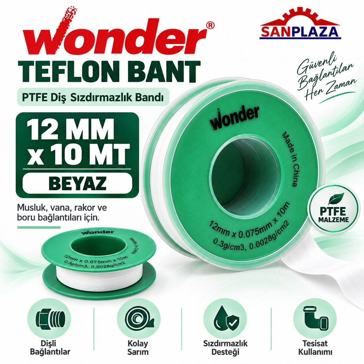 Sanplaza Wonder Teflon Bant 12 mm x 10 mt PTFE Diş Sızdırmazlık Tesisat İzolasyon Bandı