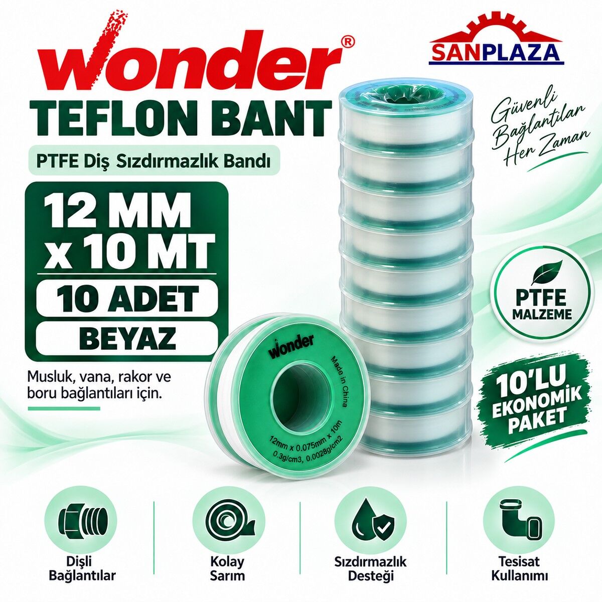 Sanplaza Wonder Teflon Bant 12 mm x 10 mt PTFE Diş Sızdırmazlık Tesisat İzolasyon Bandı 10 Adet