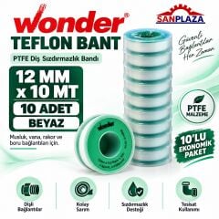 Sanplaza Wonder Teflon Bant 12 mm x 10 mt PTFE Diş Sızdırmazlık Tesisat İzolasyon Bandı 10 Adet