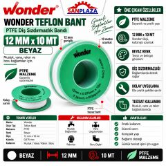 Sanplaza Wonder Teflon Bant 12 mm x 10 mt PTFE Diş Sızdırmazlık Tesisat İzolasyon Bandı 10 Adet
