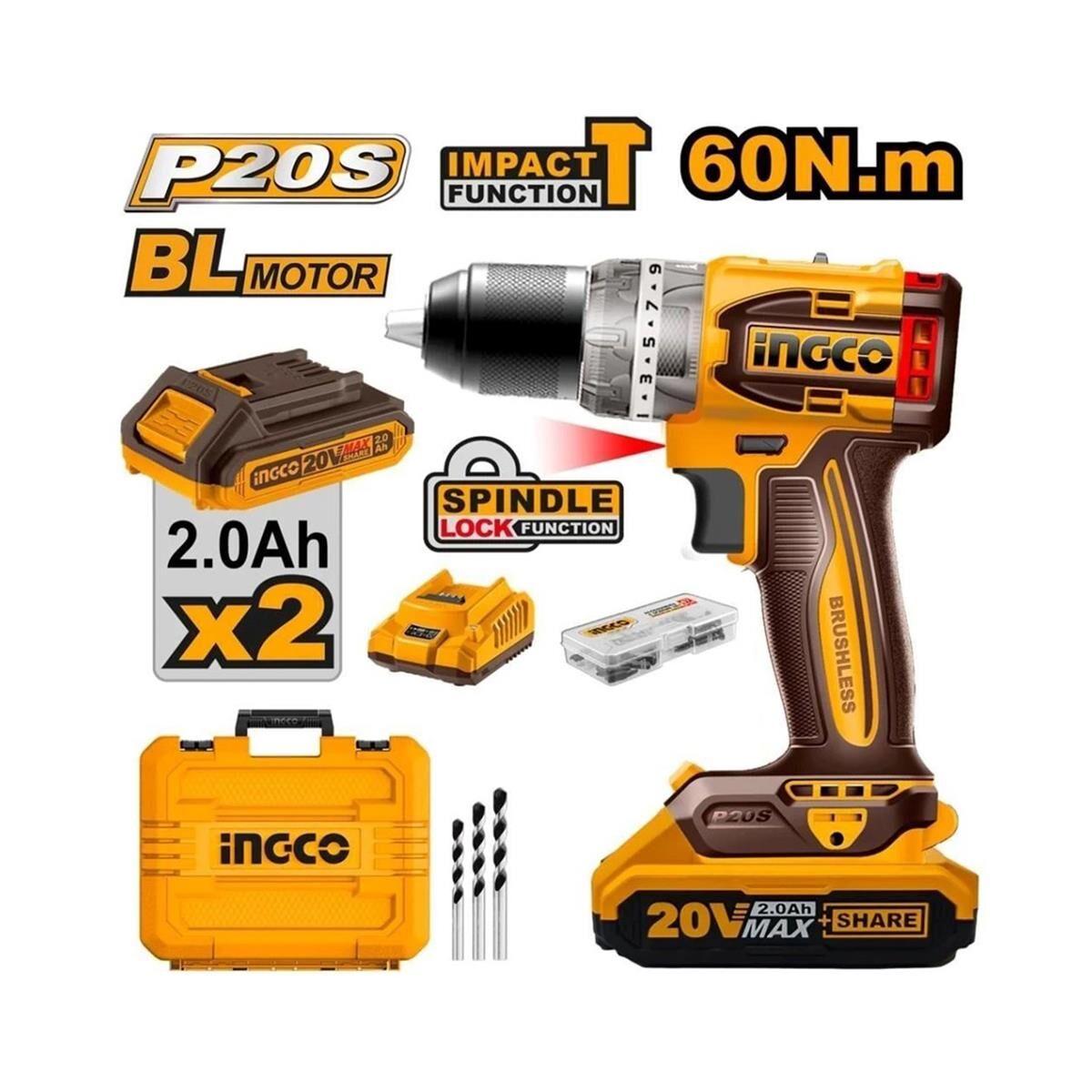 İngco CIDLI20602 Kömürsüz Li-ion Çift Akülü Darbeli Matkap Vidalama 20V 2.0Ah