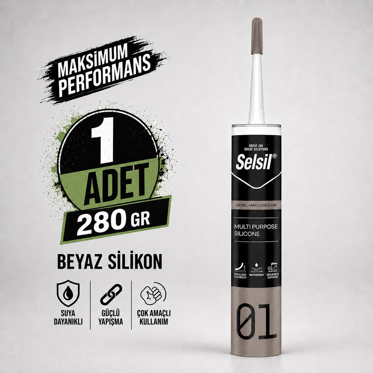 Selsil Genel Amaçlı Beyaz Silikon 280 gr Cam PVC Seramik Metal Banyo Mutfak Sızdırmazlık Dolgu Malzemesi