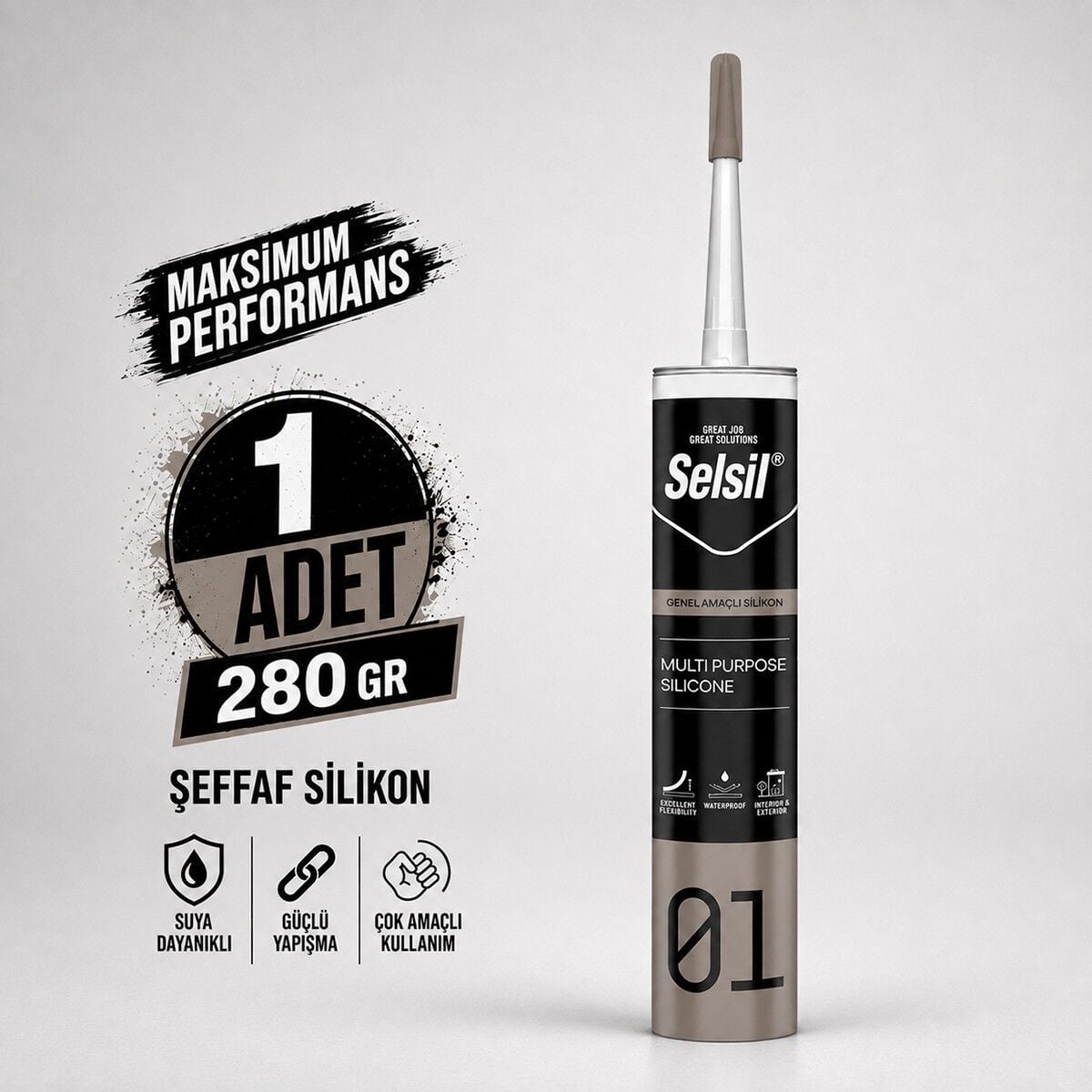 Selsil Şeffaf Genel Amaçlı Silikon 280 gr Cam PVC Seramik Banyo Mutfak Sızdırmazlık