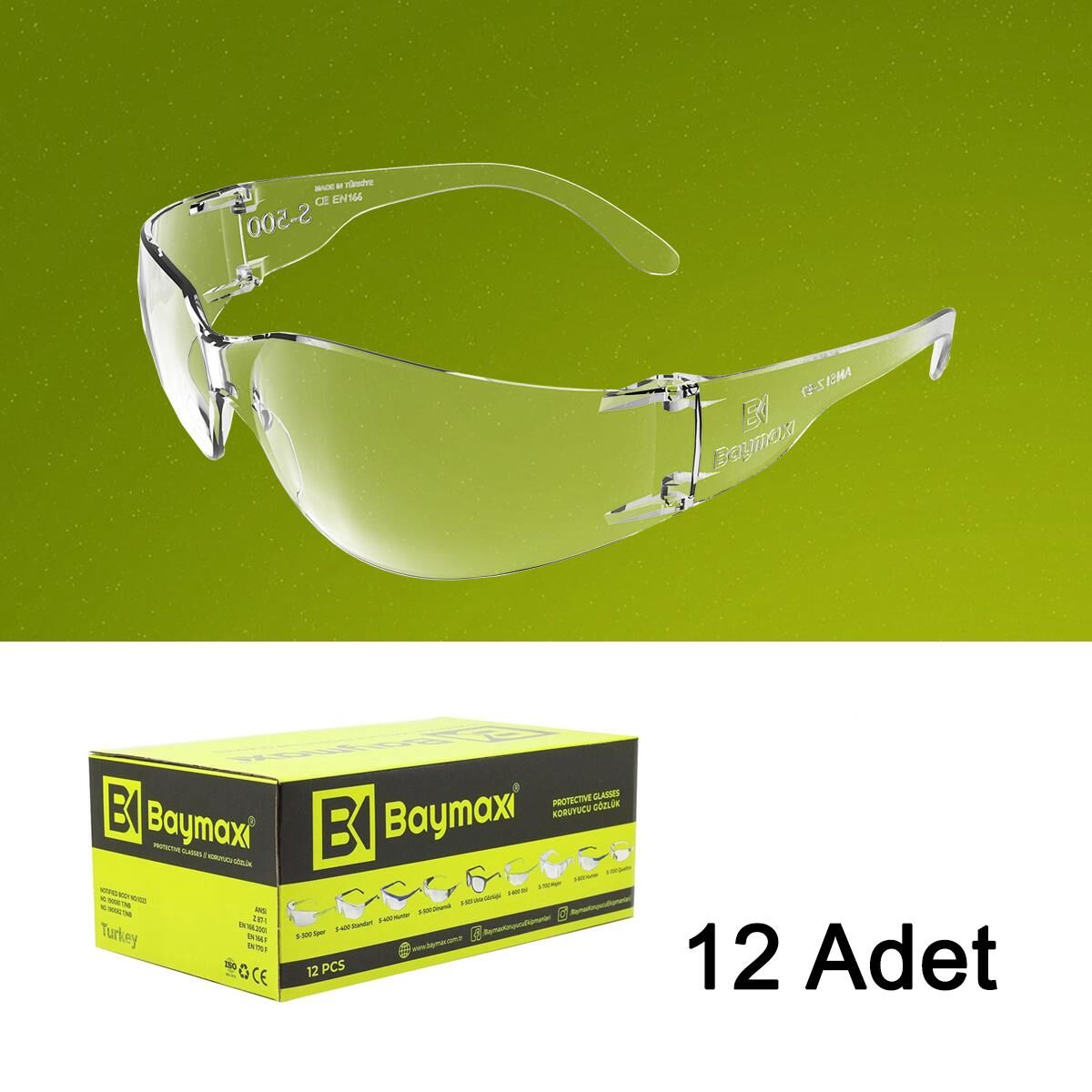 Baymax S-500 Dinamik Şeffaf Koruyucu Çapak İş Gözlüğü (12 Adet) - 1 Kutu