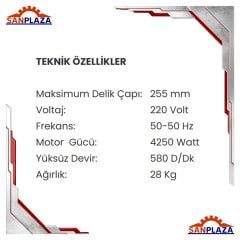 Shun OB-255E Açılı Karot Makinesi 4250 W 250 mm