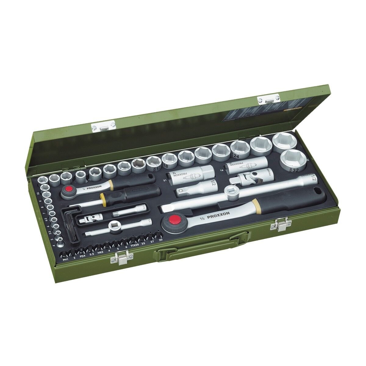 Proxxon 23040 1/4'' 1/2'' Cırcır Kollu 56 Parça Lokma Allen ve Bits Takımı