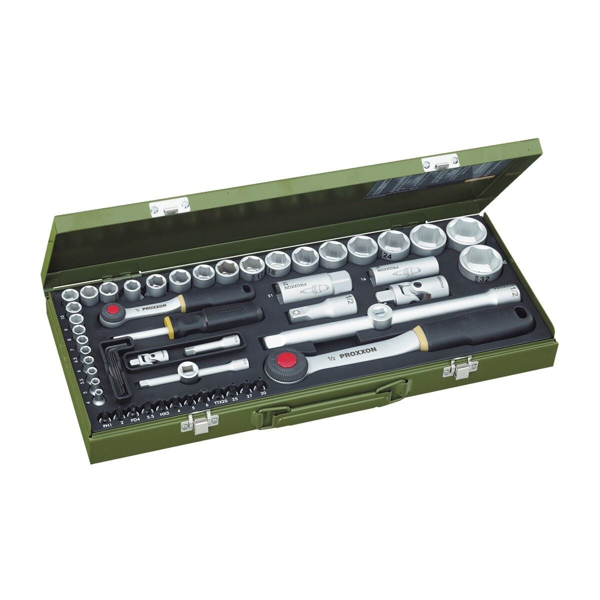Proxxon 23040 1/4'' 1/2'' Cırcır Kollu 56 Parça Lokma Allen ve Bits Takımı